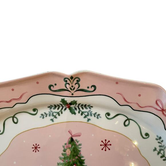 Pink Christmas Tree Serving Platter 14x10 Ceramic Holiday Bows Holly NEW - Picture 8 of 12